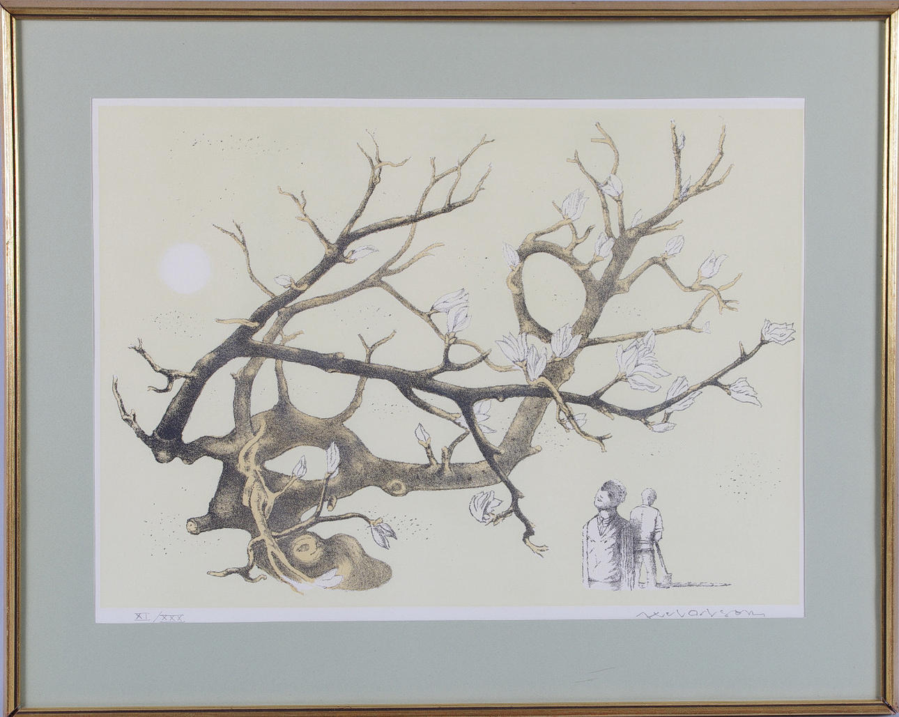 AXEL OLSON. pojkar och träd, färglitografi, signerad Axel Olson.
