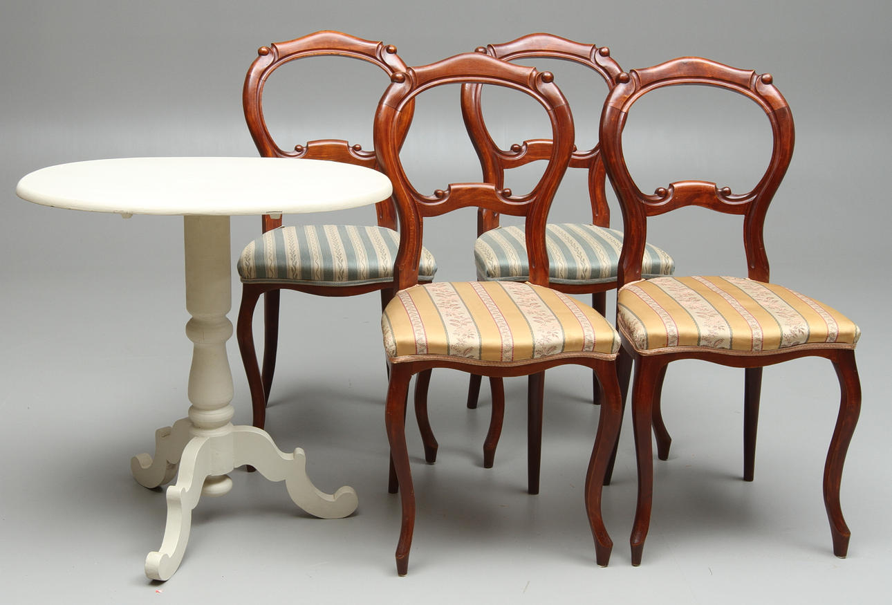 CHAIRS, 4 pcs, rococo style, TABLE on column base, 1900s.