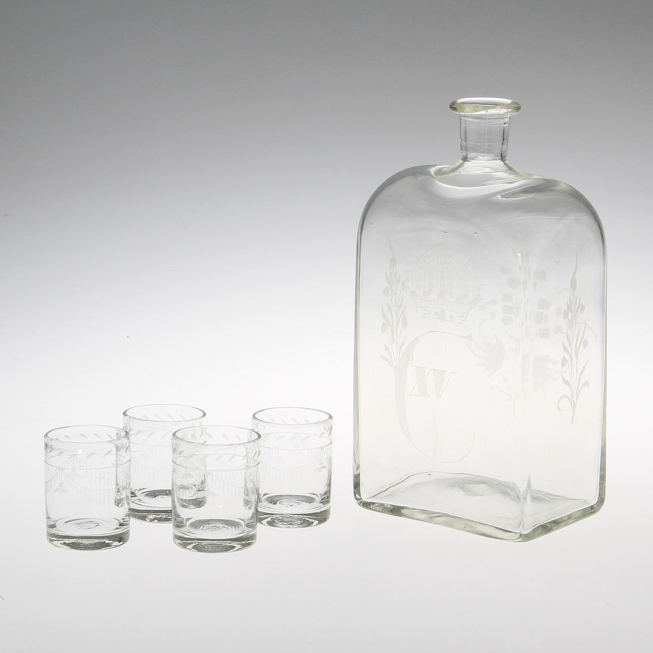 FLASKA, glas, 1800-tal samt 4 DRICKSGLAS, Reijmyre, 1900-tal.