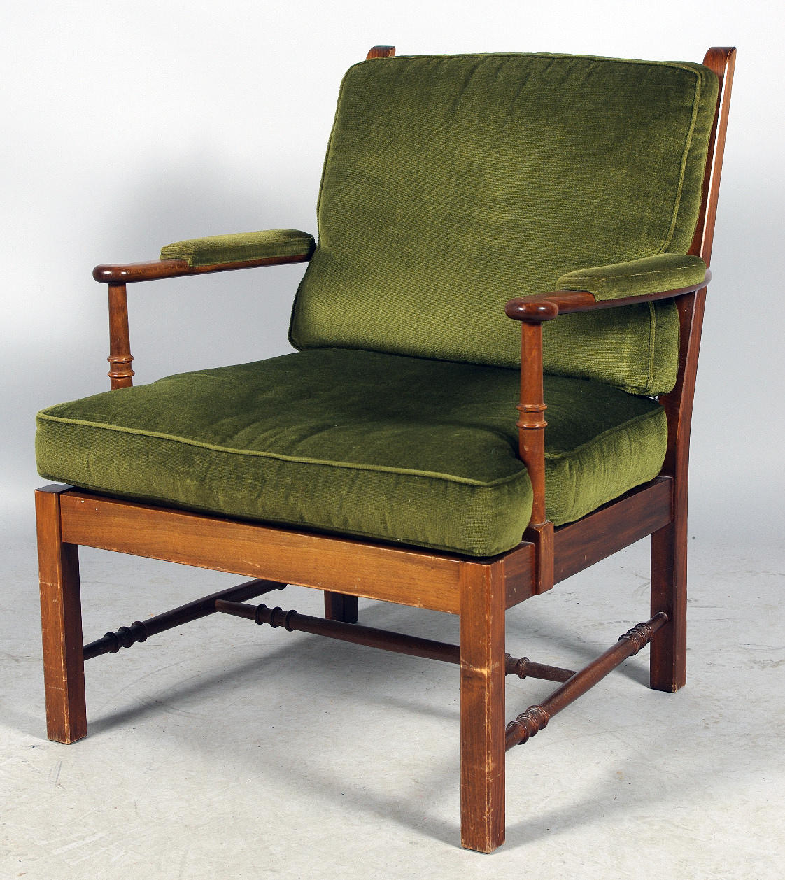 FÅTÖLJ, mahogny/grön plysch.