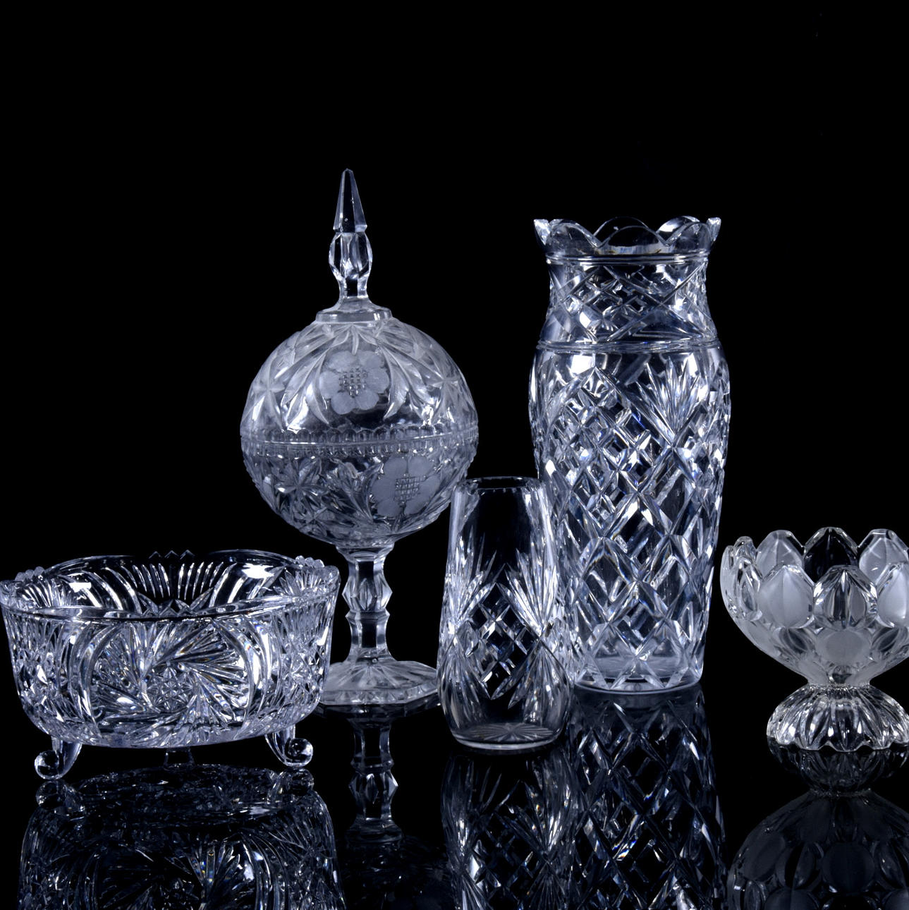 OBJETOS DE VIDRIO, 5 partes, siglo XX.