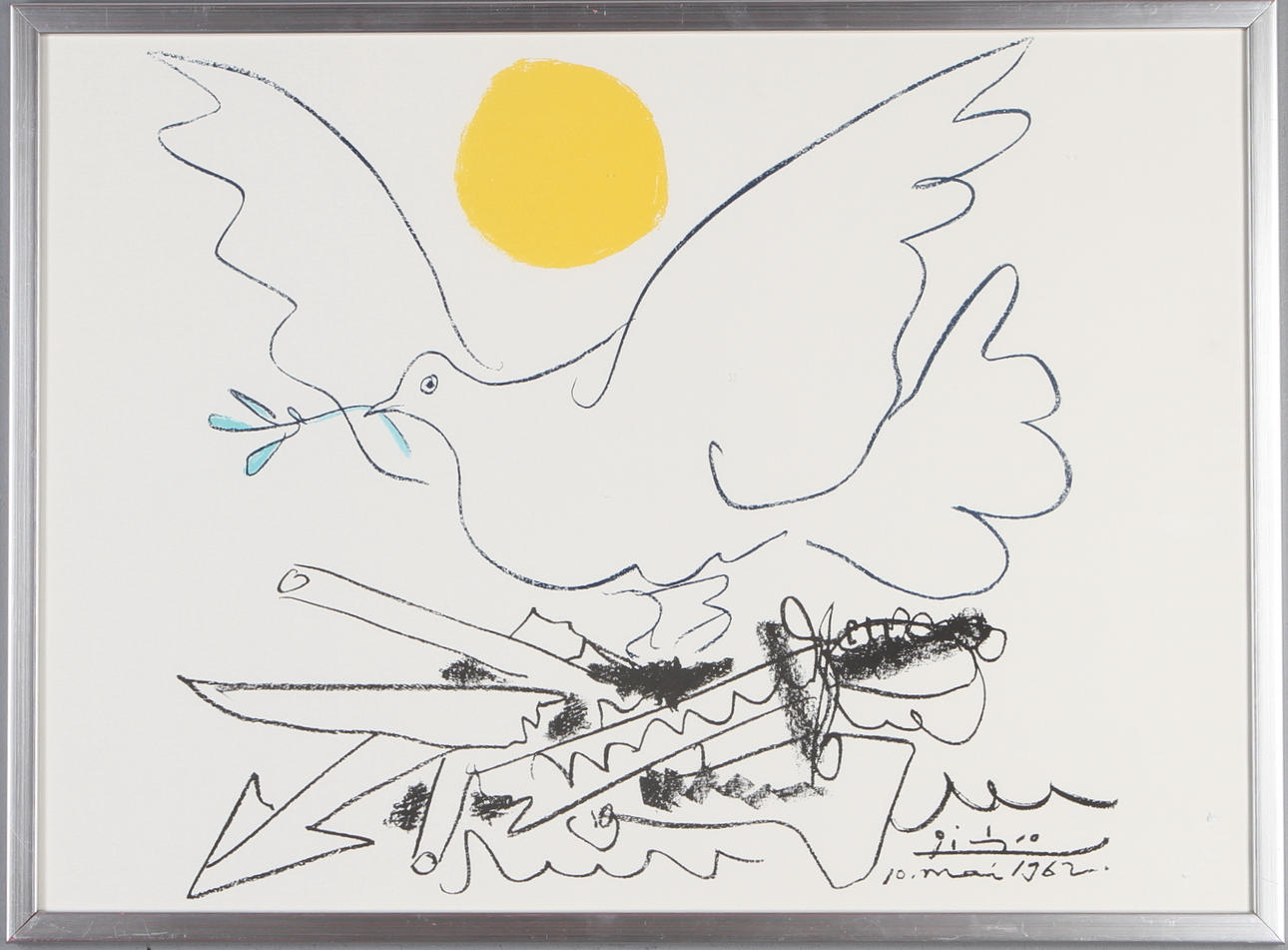 PABLO PICASSO. EFTER. Fredsduva/Duva med sol, färglitografi, signerad i tryck.