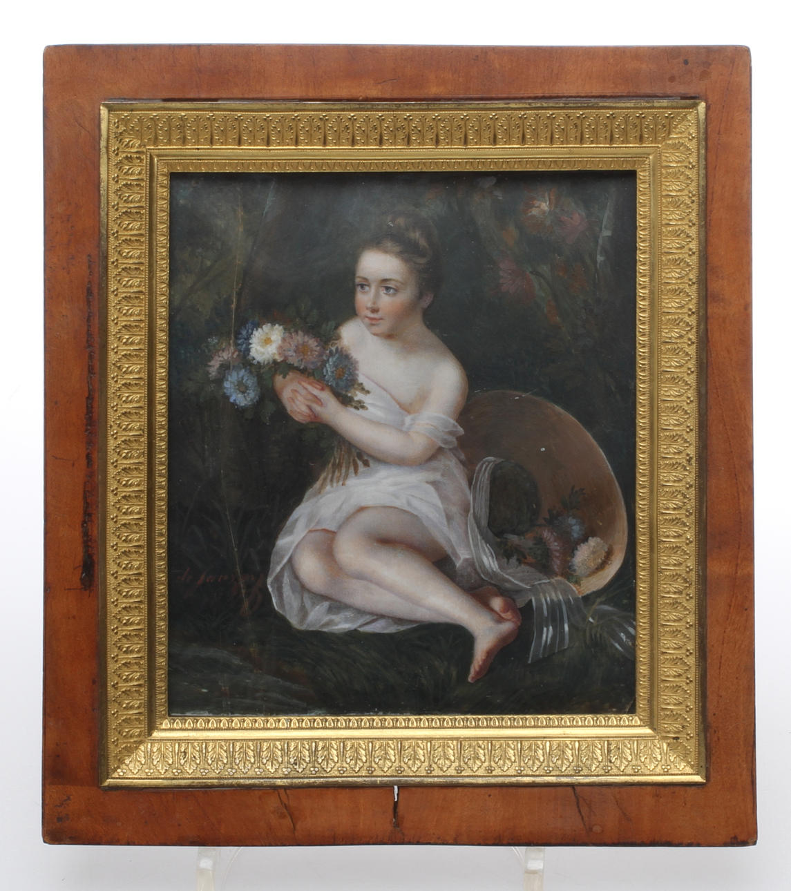 OKÄND KONSTNÄR. Flicka med bukett, blandteknik, otydligt signerad och daterad, 1800-tal.