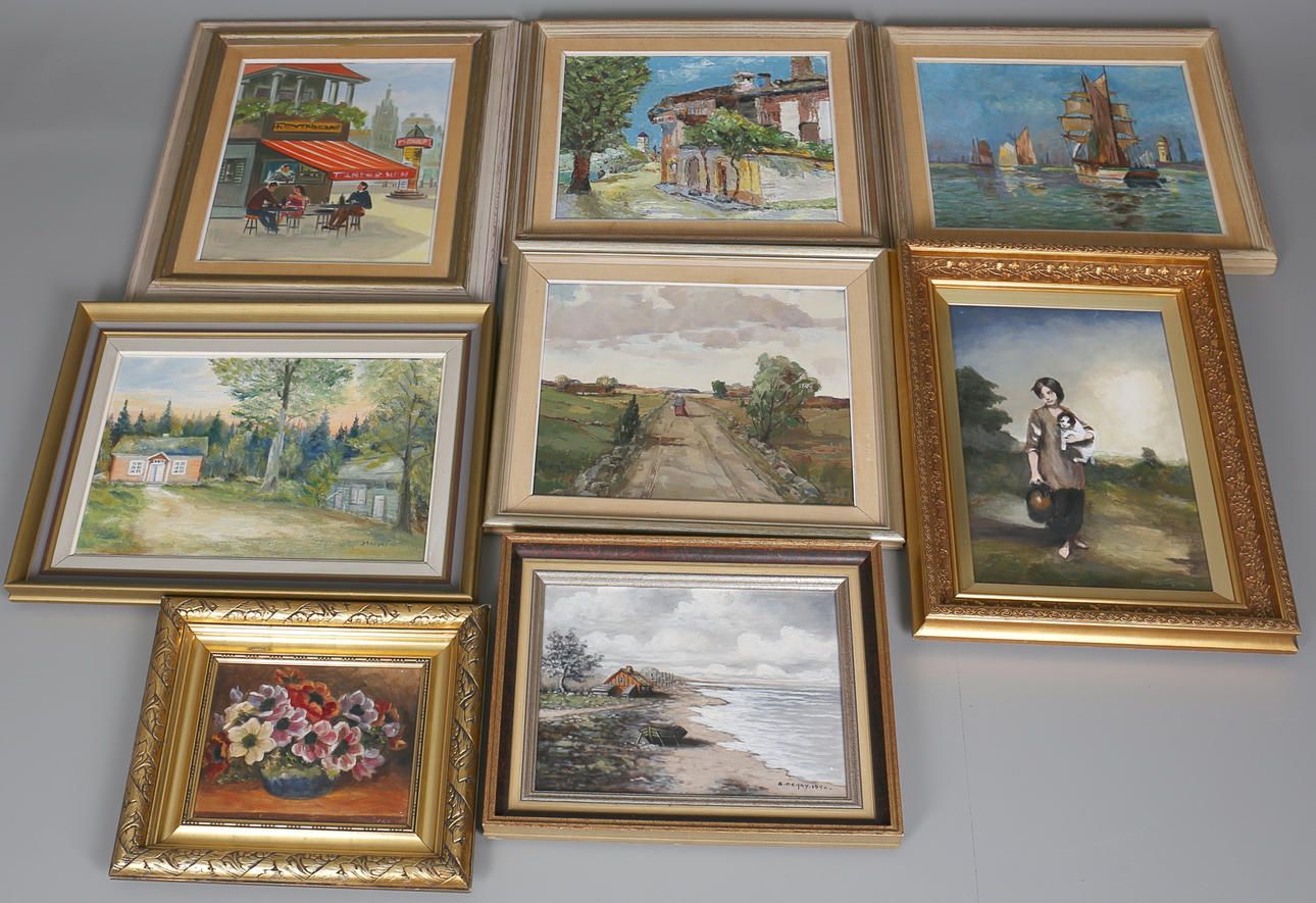 TAVLOR 8 st oljor på duk, diverse konstnärer.