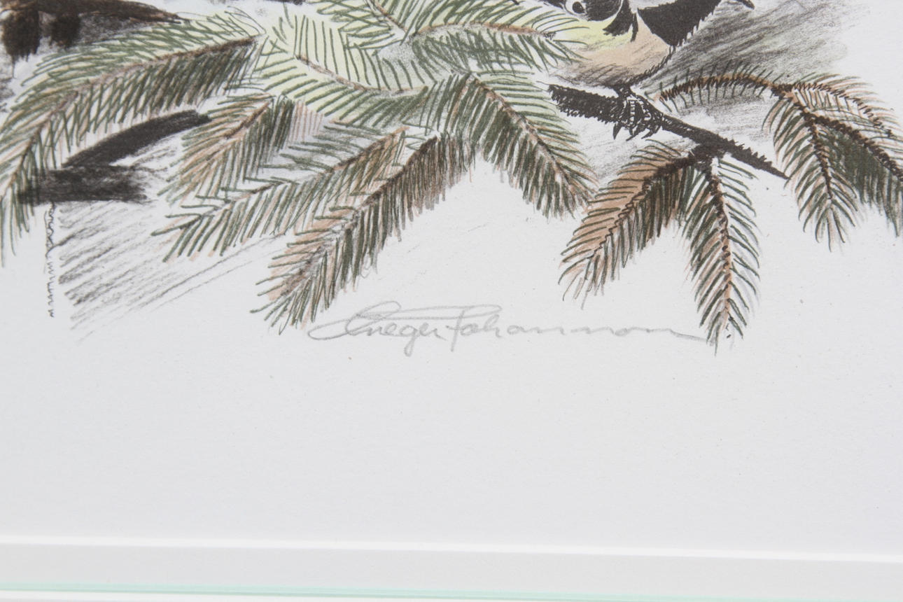 GREGER JOHANSSON. Talgoxar på grangren. Färglitografi. Signerad och numrerad 110/175.