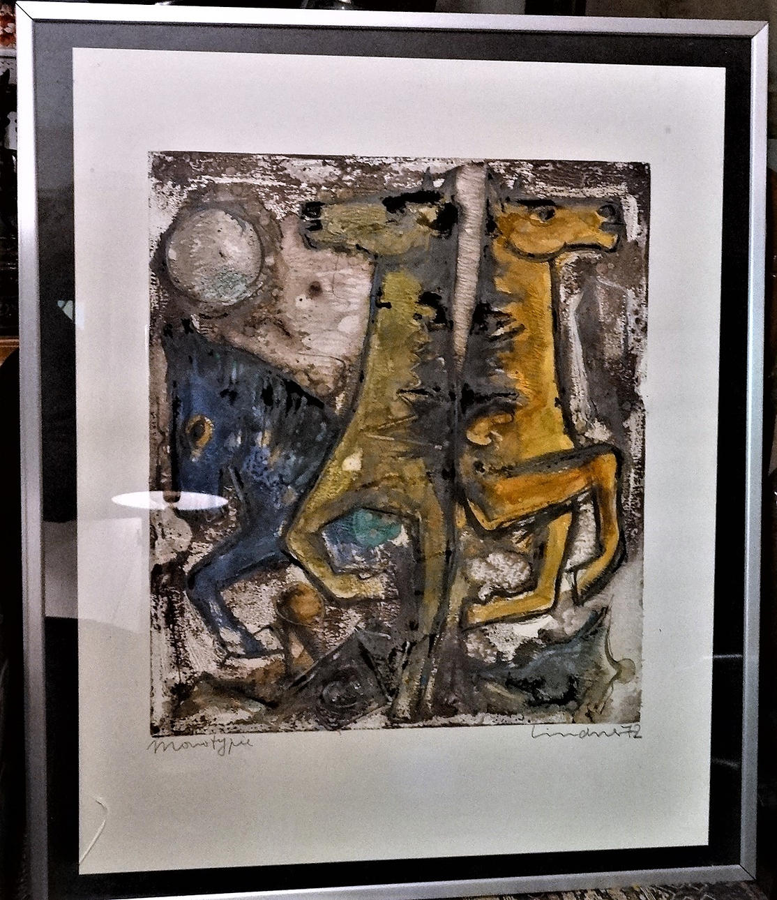 WALTER LINDNER. Horses, monotype, 1972, signed by hand.