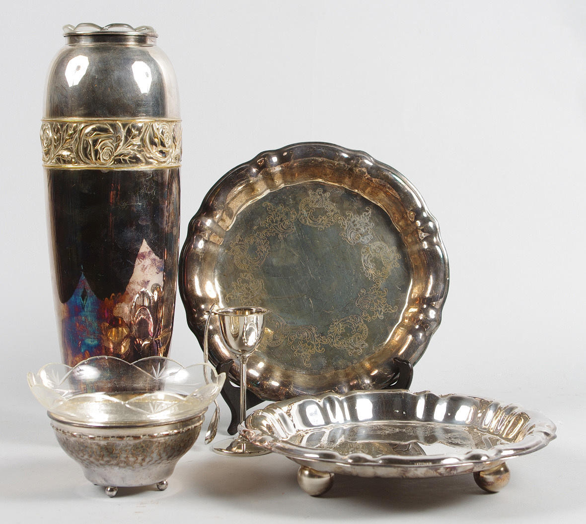 FAT, SKÅL SAMT VAS, nysilver/glas.