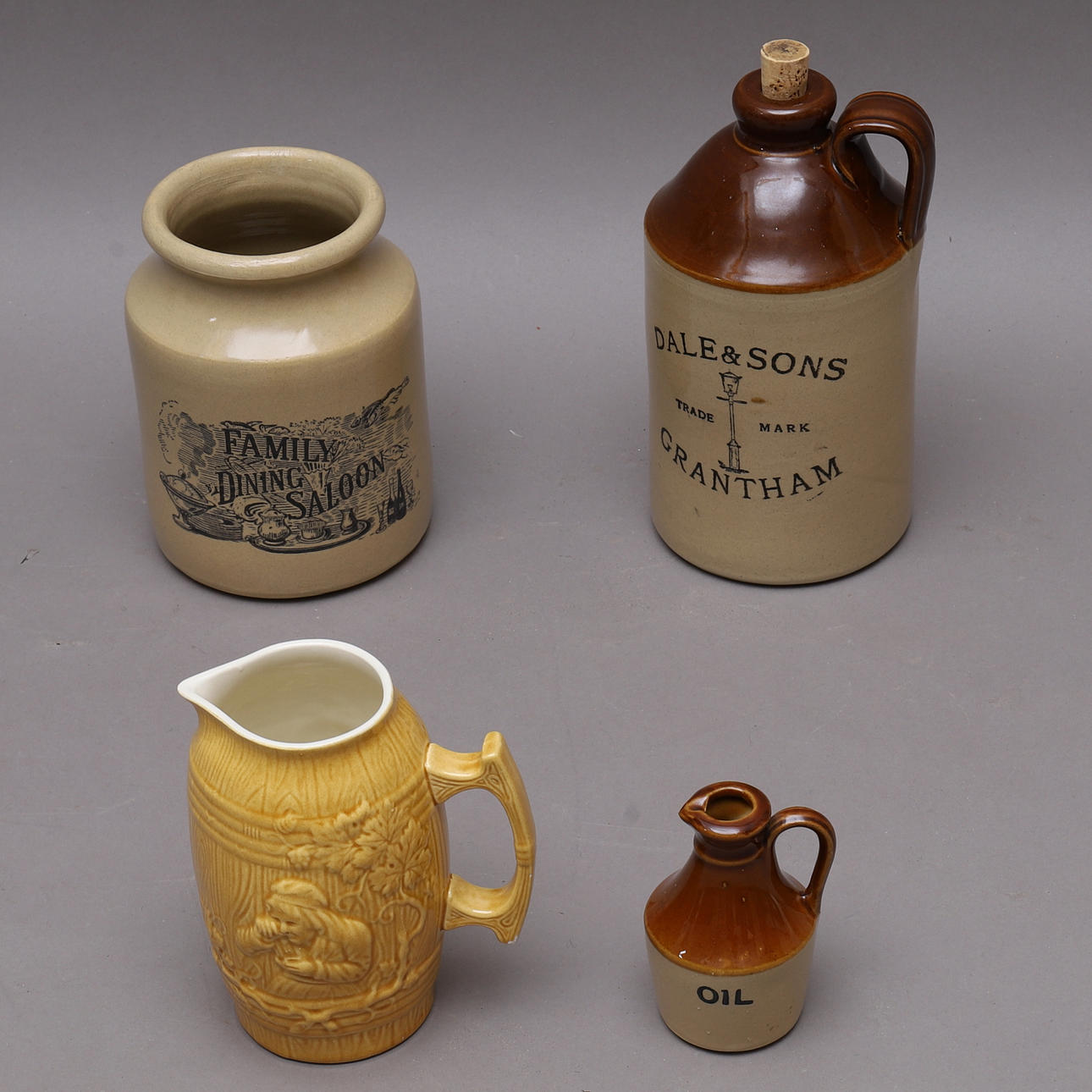 CERAMIC OBJECTS, 4 pieces, bottle, jar & jugs, England & Germany.