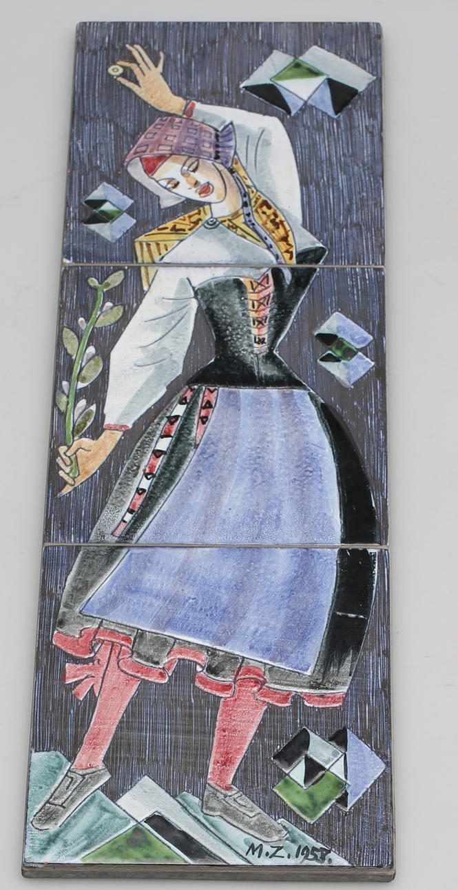 MARIAN ZAWADSKI. Flicka. Keramisk platta, Signerad MZ-1958.