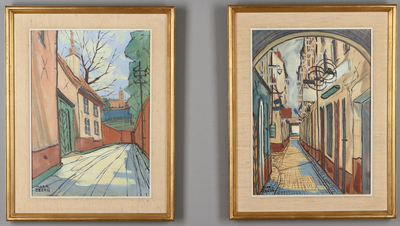 OKÄND KONSTNÄR. Stockholmsmotiv, 2 st, olja på duk, signerade Marg. Öberg.