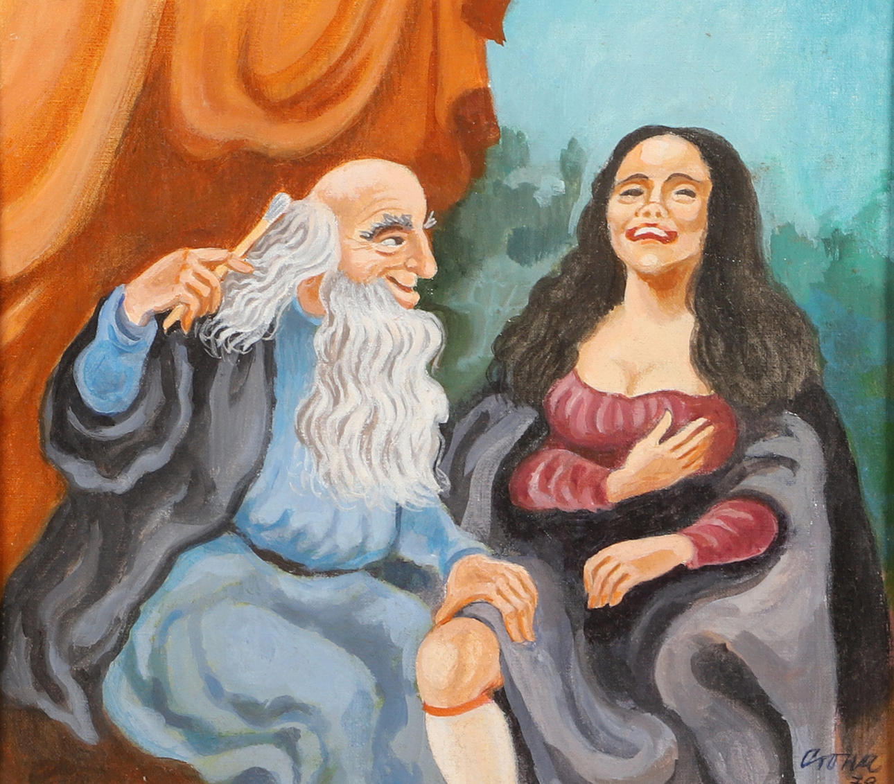 GEORG CRONA. Leonardo Davici makes Mpna-Lisa laugh, oil on Board, signed Crona.