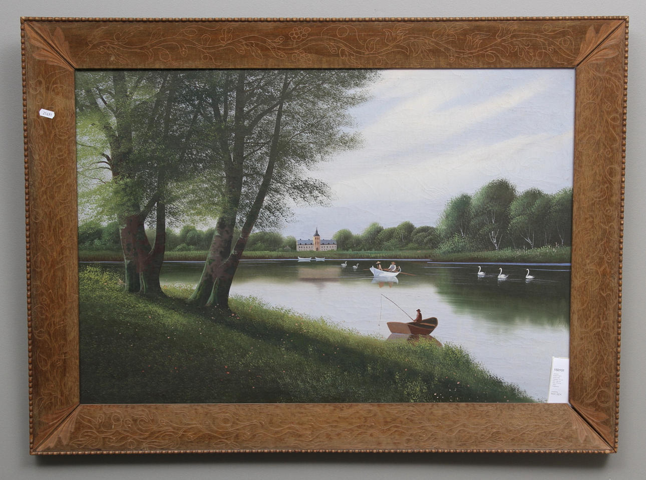 OKÄND KONSTNÄR. Motiv med roddare, sjö och slott. Olja på duk. Omkring 1900. Osignerad.