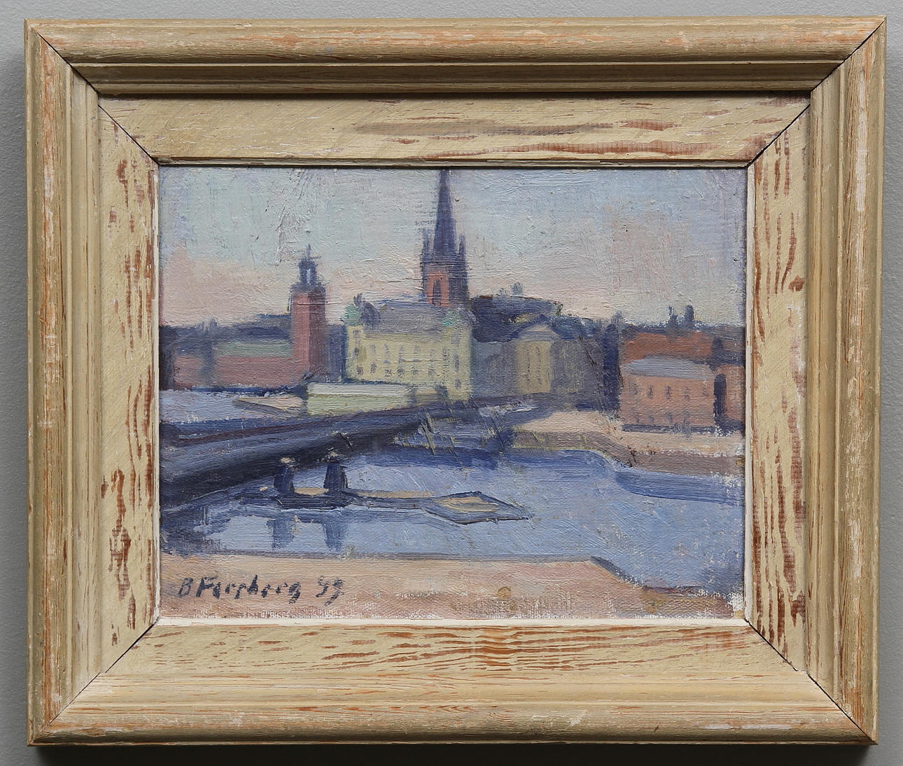 BIRGER FORSBERG. Motiv från Stockholm. Olja på duk, uppklistrad på pannå. Signerad och daterad 49.