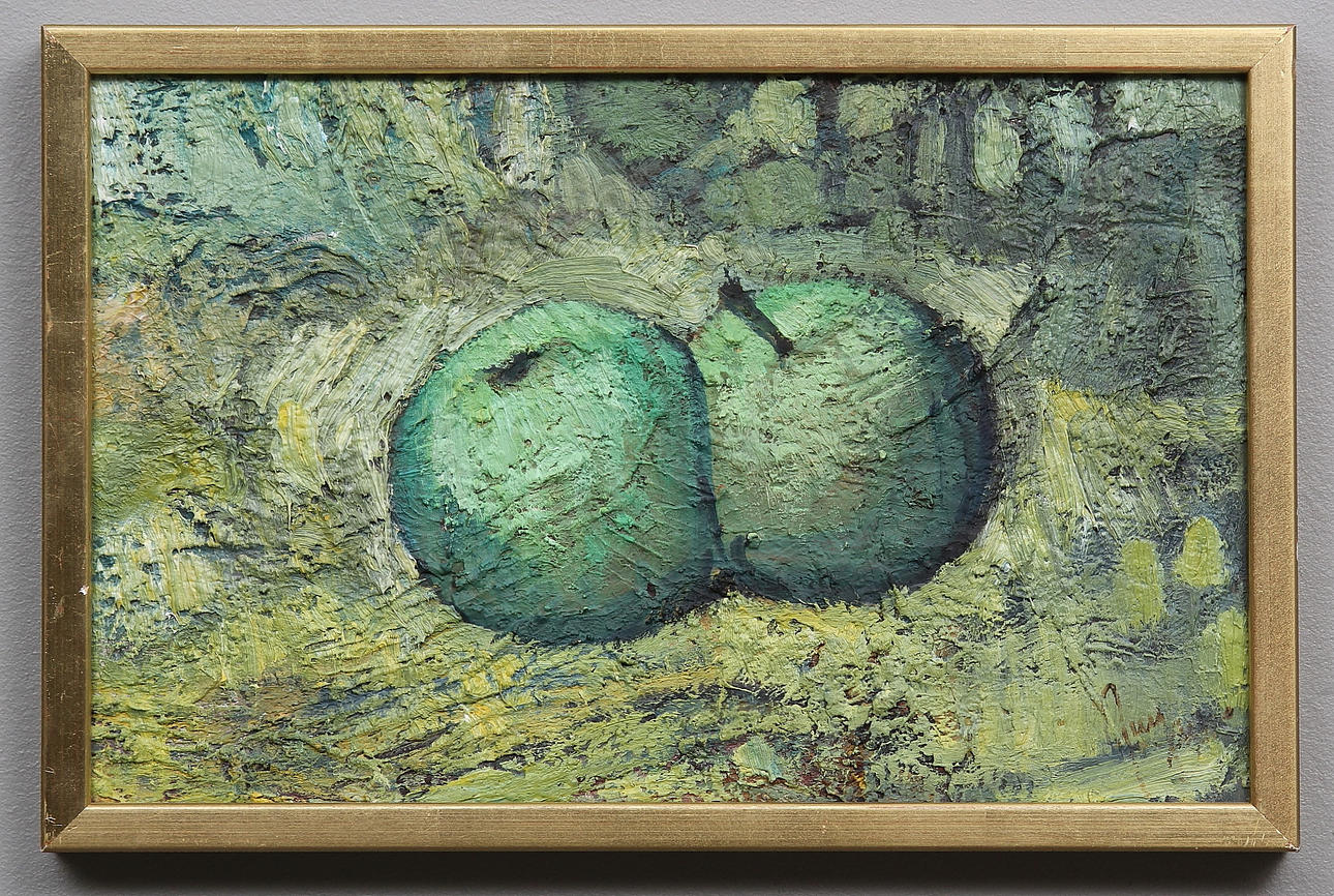 OKÄND KONSTNÄR. Stilleben med gröna äpplen. Olja på pannå. Signerad.