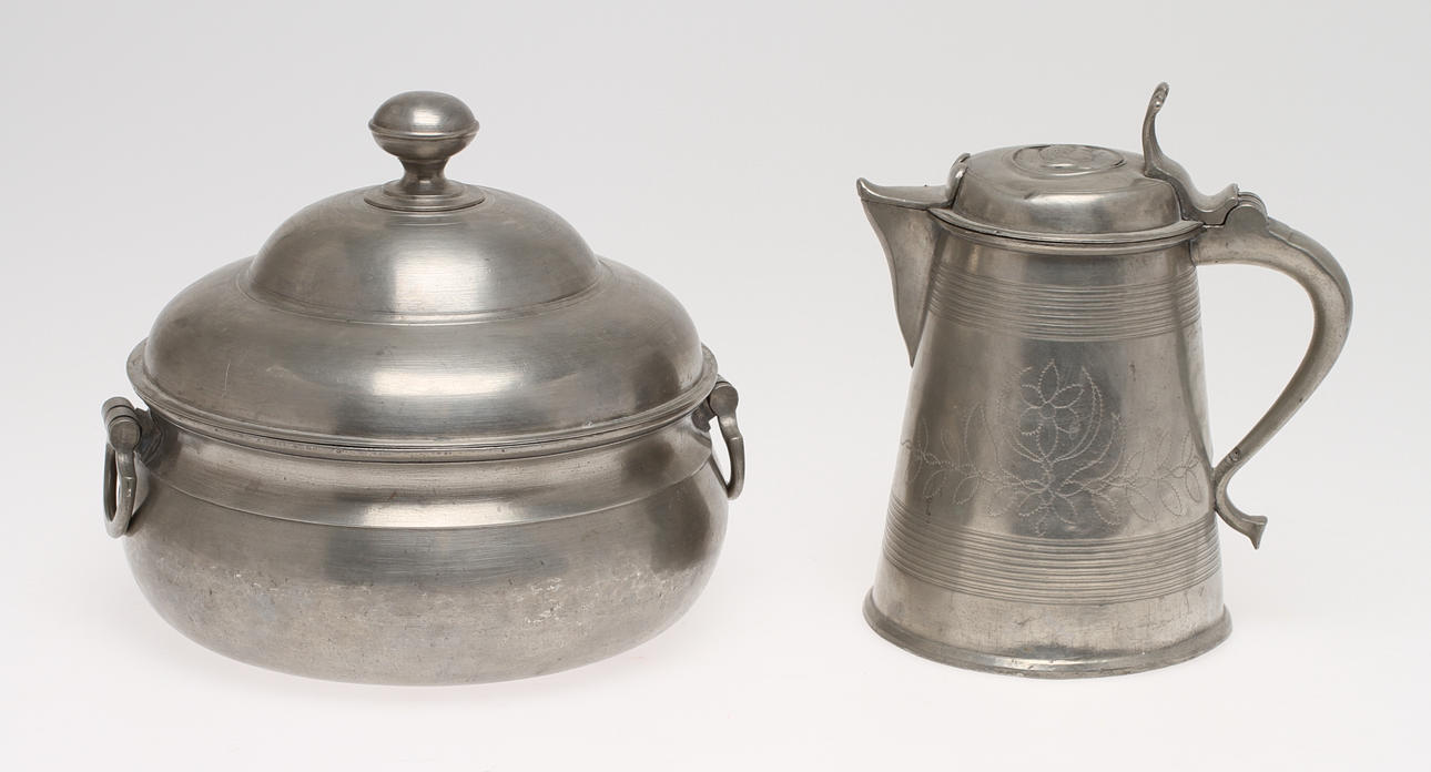 GRÖTSKÅL och KANNA, tenn, 1800-tal.