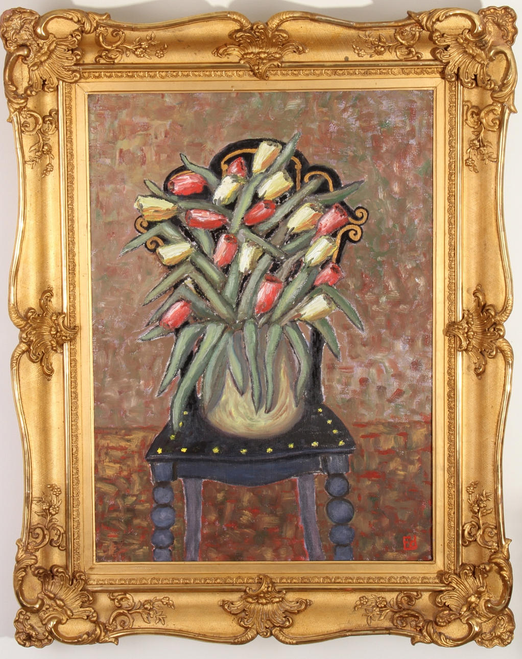 OKÄND KONSTNÄR. "Tulpaner på antik stol 79", Monogramsignerad Ed. Olja på duk.