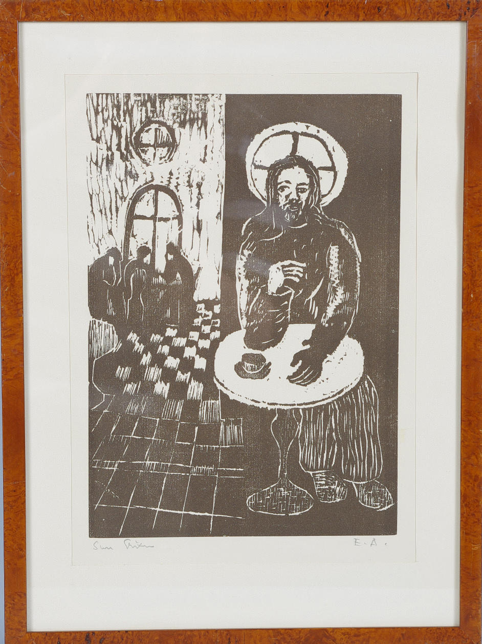 SVEN ERIXON. Man vid cafébord, träsnitt, Sven Erixon.