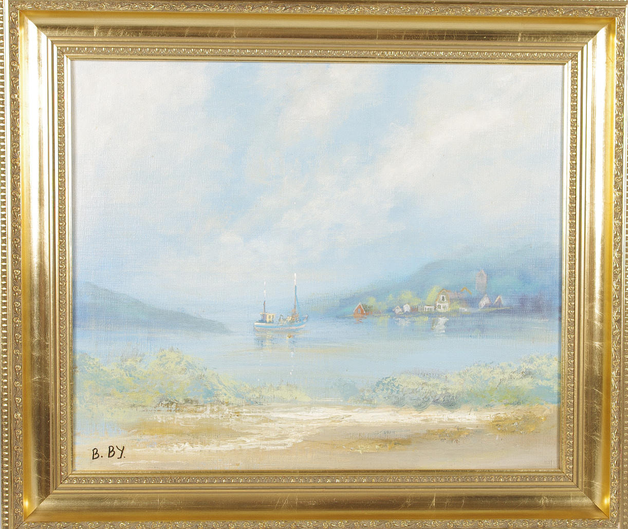 BIRGITTA BY. Kustlandskap med fiskebåt, olja på duk, signerad B. By.