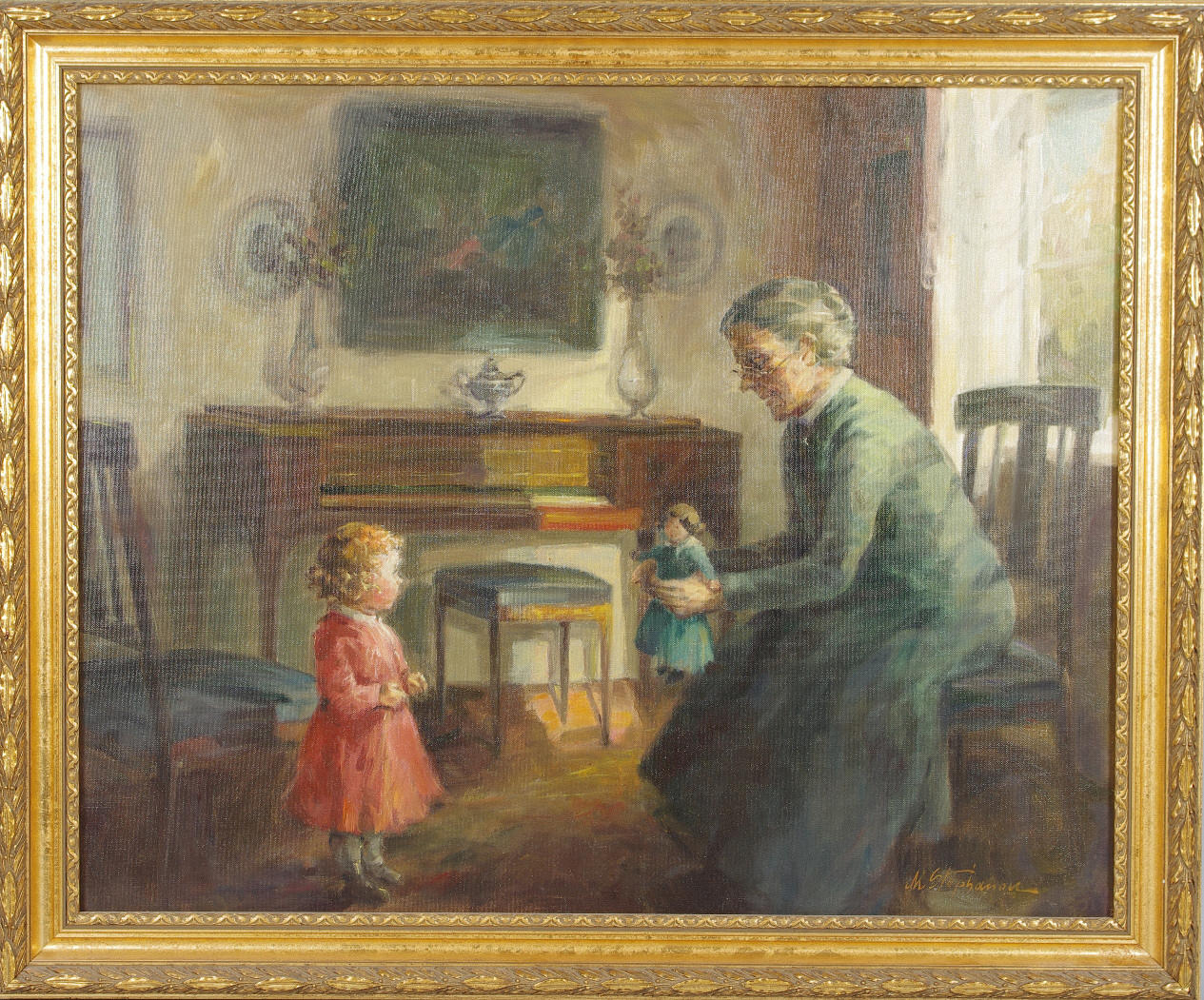 M. STEPHANON. Äldre kvinna med barn och docka, olja på duk, signerad.