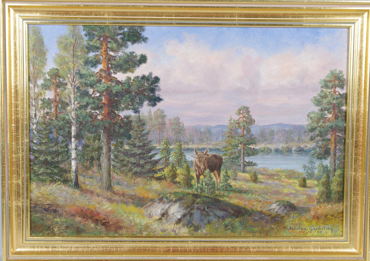 MÅRTEN GABRING. Skogslandskap med älg, olja på duk, signerad Mårten Gabring -92.