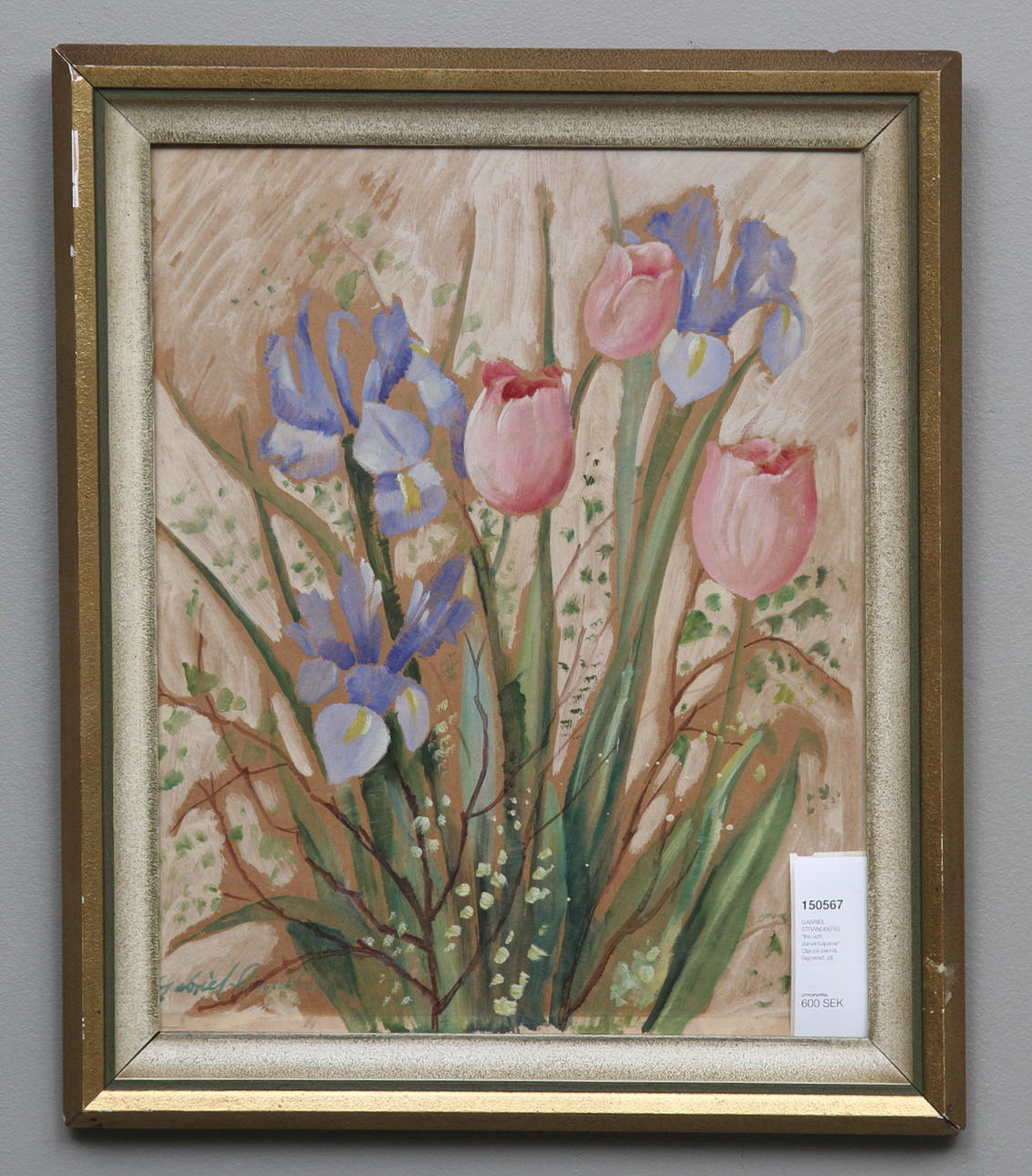 GABRIEL STRANDBERG. "Iris och darwintulpaner". Olja på pannå. Signerad.