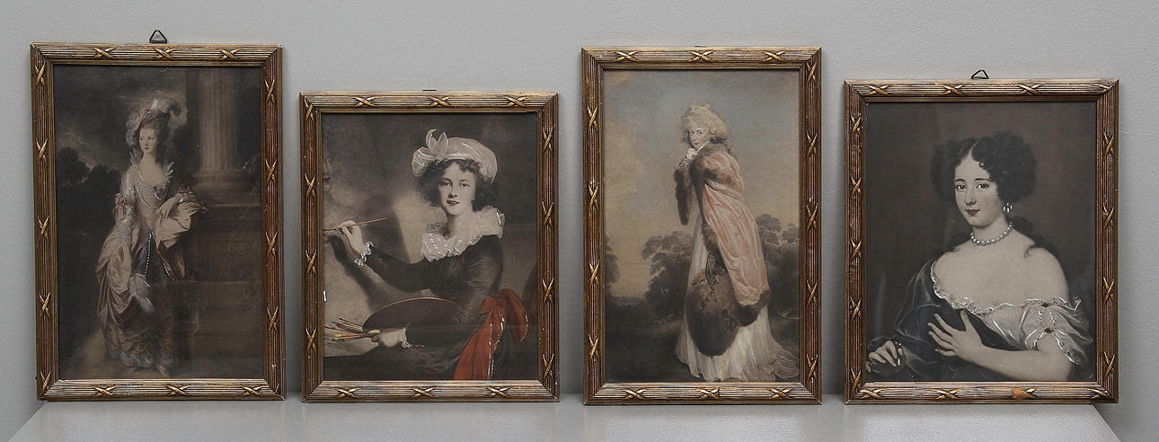 MODEBILDER / PORTRÄTT, 4 st. Handkolorerade tryck. 1900-talets början.