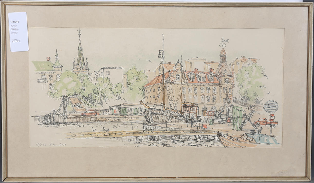 BERNHARD HANDELL. Oskarshamnsmotiv. Färglitografi, numrerad och signerad 18/130.