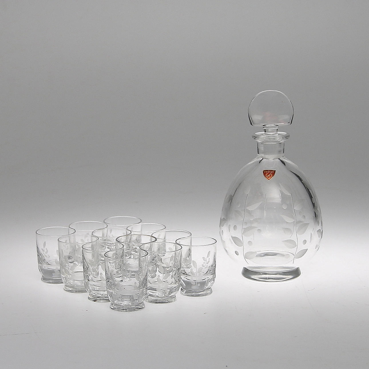 KARAFF och SNAPPSGLAS, 12 st, glas, Orrefors, 1900-talets mitt.