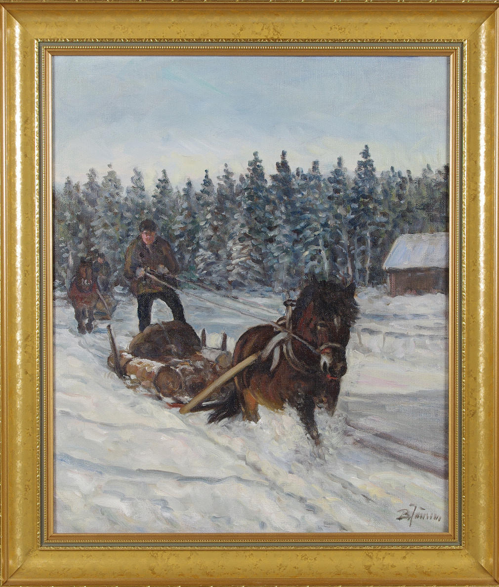 B. JÖNSSON. häst i vinterlandskap, olja på duk, signerad B. Jönsson.