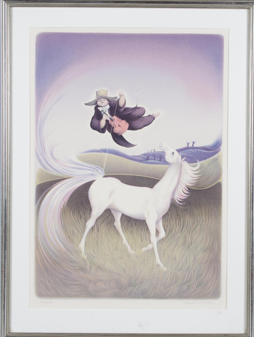 OKÄND KONSTNÄR. häst och flygande fiolspelare, färglitografi, otydligt signerad.