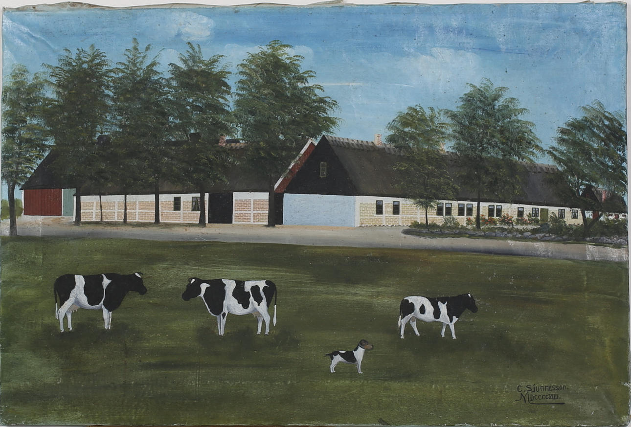 CARL SJUNESSON. Lantgård med kor. "Gåramålning. Olja på duk. Signerad C Sjunnesson och daterad MDCCCX1111.