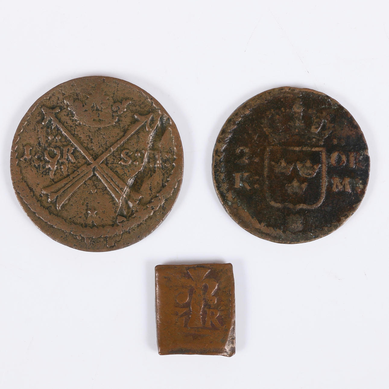 MØNTER, 3 stk. Kobber, 1600-tallet.