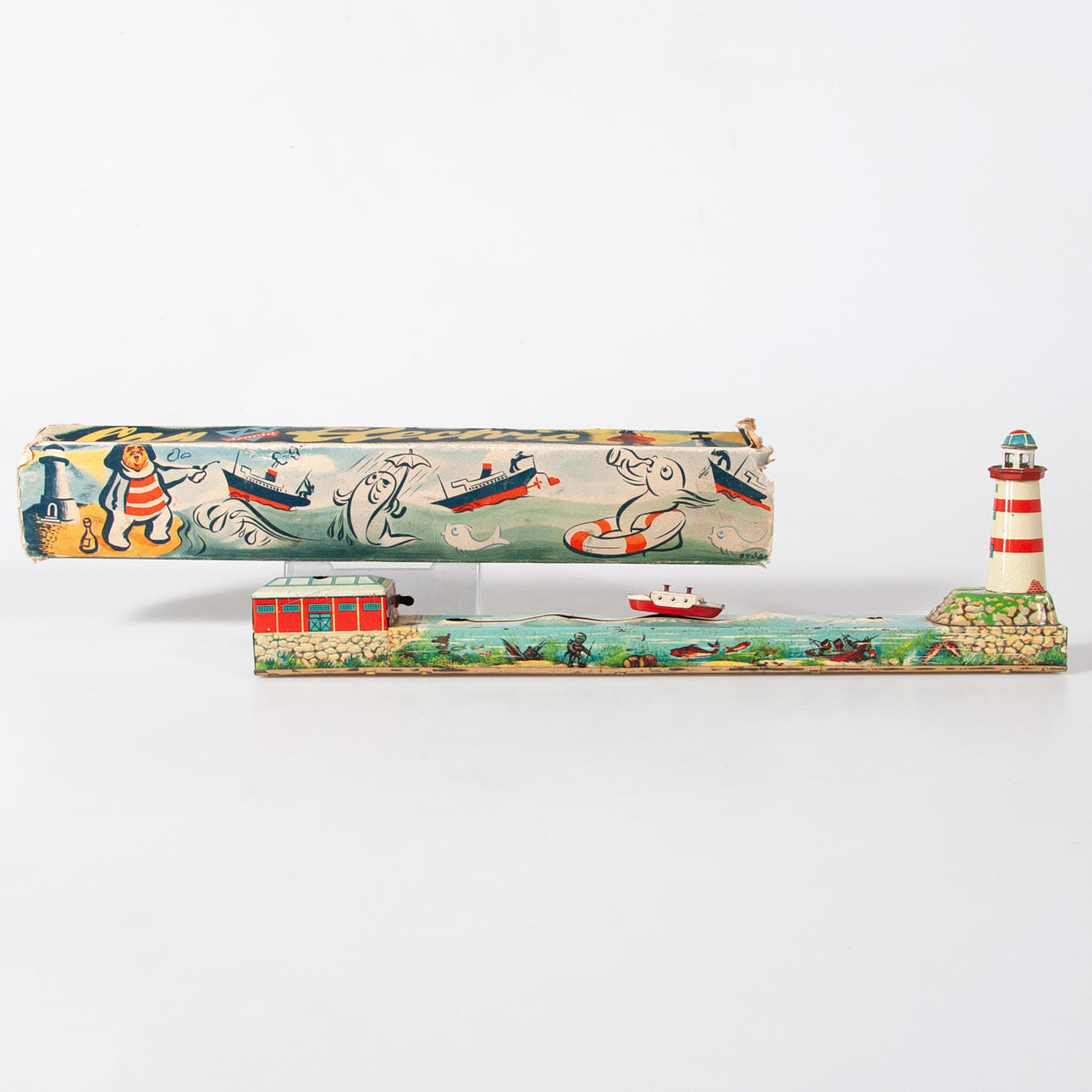 ARNOLD, Rettungsboot und Leuchtturm, lithographierter Plattenaufzug, mit Karton.