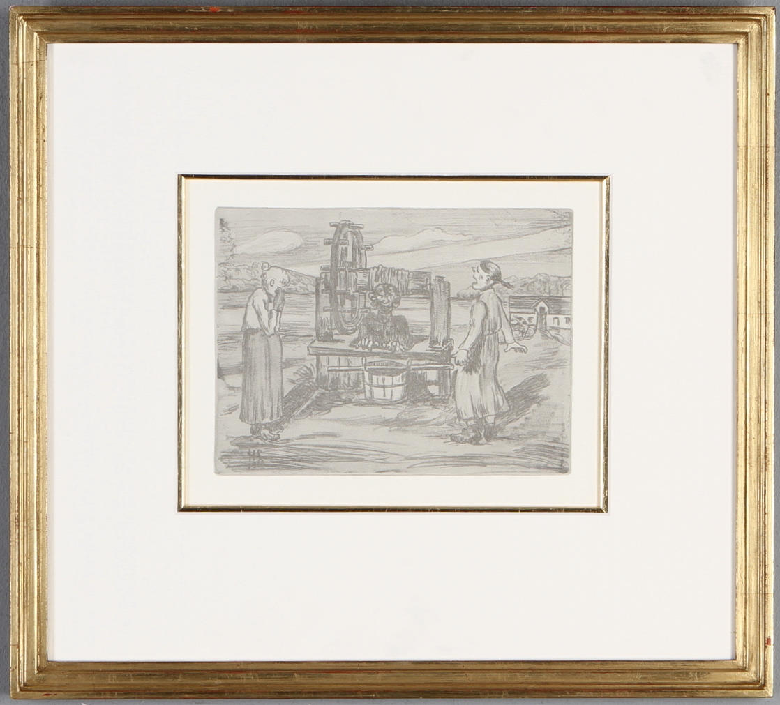 HUGO SIMBERG. "Fan i brunnen", etsning, monogramsignerad i plåten.