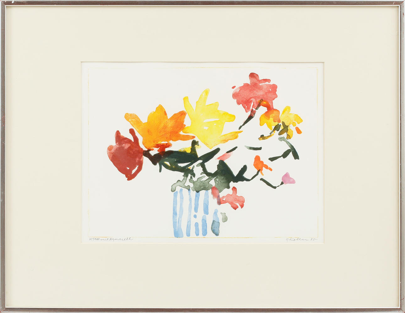 OSKAR KOLLER. Flowers, color lithograph with watercolor, signed and numbered 75/110.
