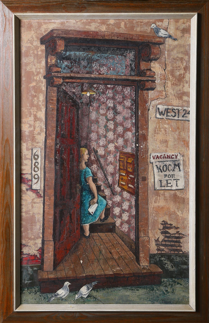 JOAN LANDIS. "Pittsburgh doorway" akryl på pannå, signerad Landis. USA.