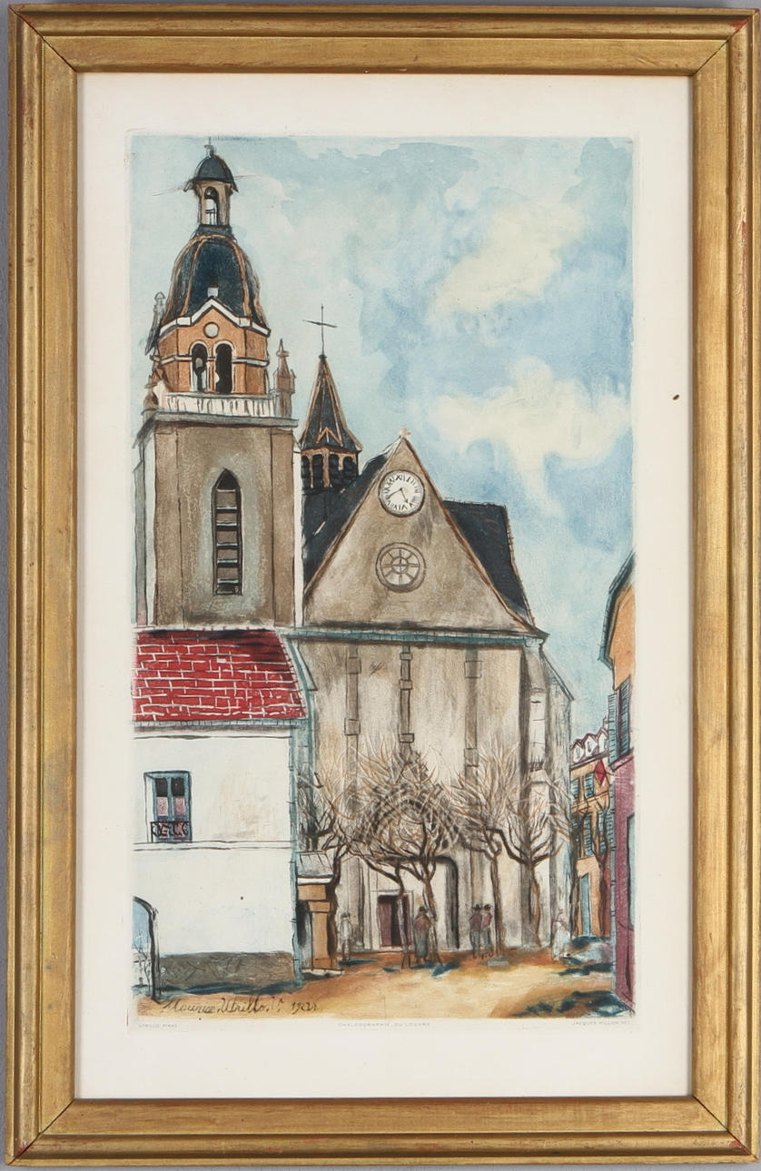 JACQUES VILLON. Färgakvatint. "L'Eglise de Limours". Efter förlaga av Maurice Utrillo.
