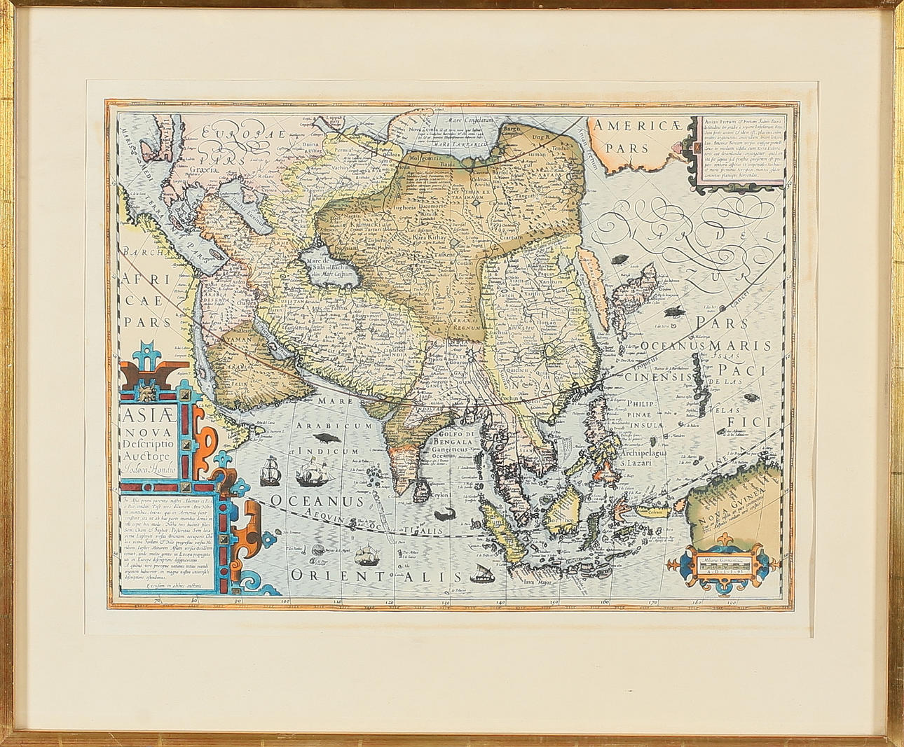 JODOCUS HONDIUS. "Asiae Nova Descriptio Auctore Jodoco Hondio". Colored etching.