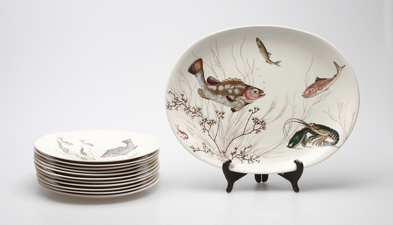 FISK- och SKALDJURSERVISDELAR, 12 delar, "Fish", Jonson Bros, 1900-tal.