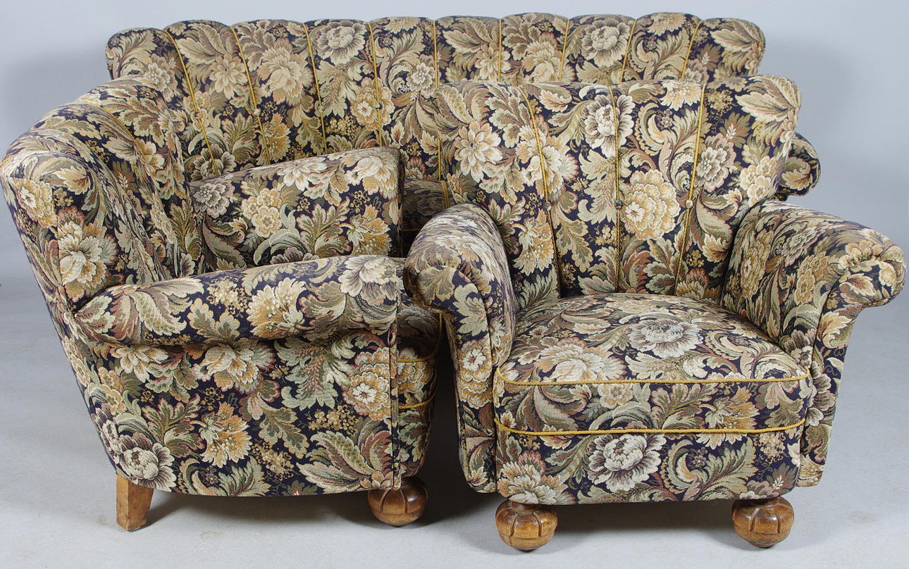 SOFFGRUPP, 1930/40-tal, blommig originalklädsel.