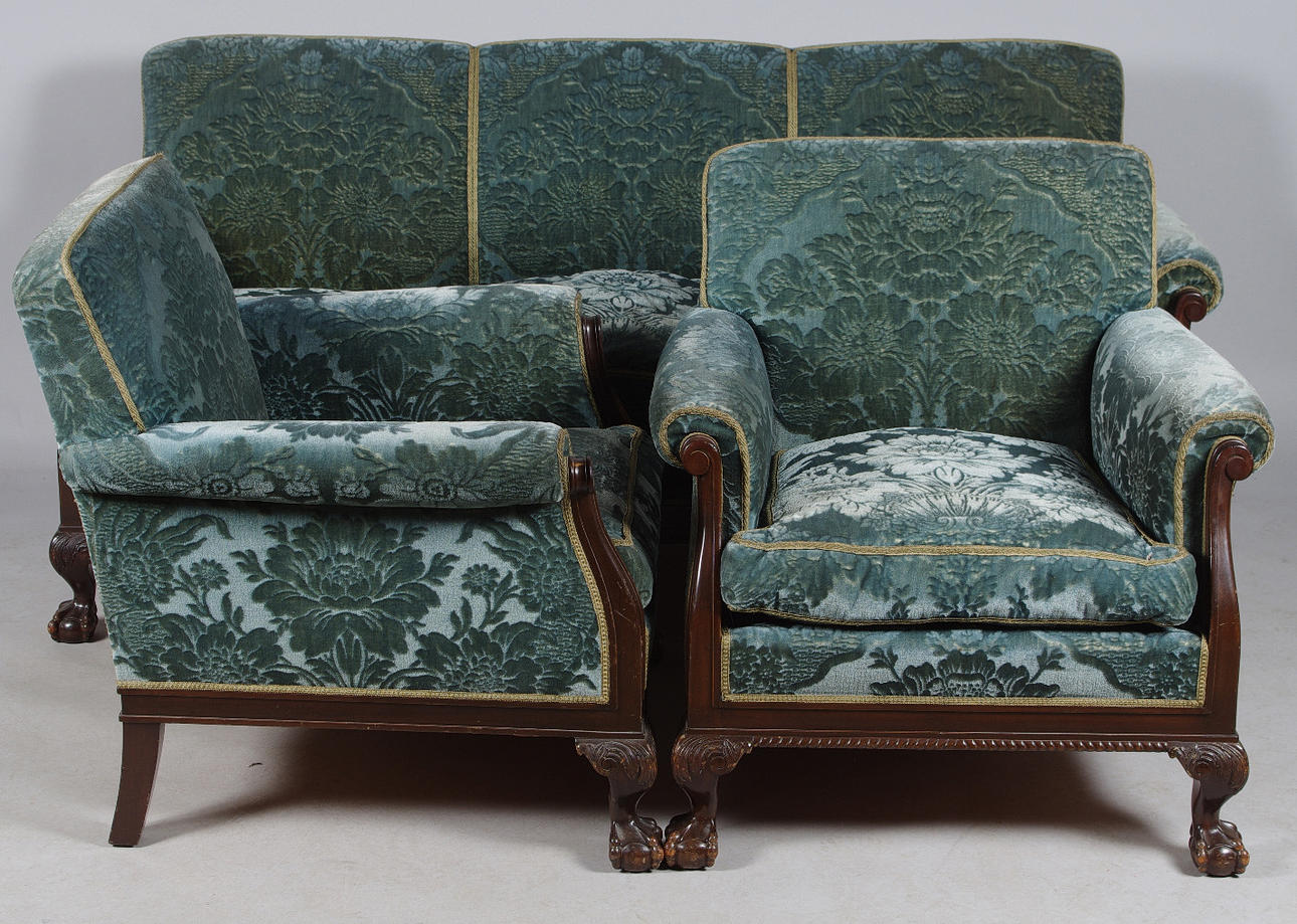 SOFFGRUPP, chippendalestil, blågrön skulpterad plysch.