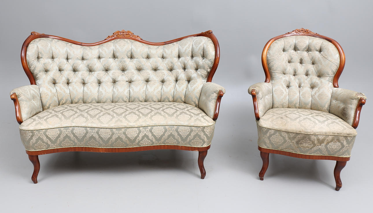 SOFFA SAMT FÅTÖLJ, nyrokoko, 1900-talets mitt.