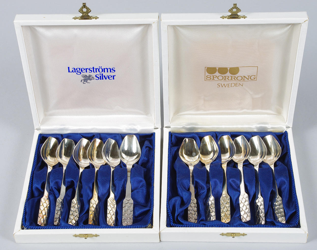 KAFFESKEDAR, 12 stycken i etui, silver, Bernadotte, Sporr.