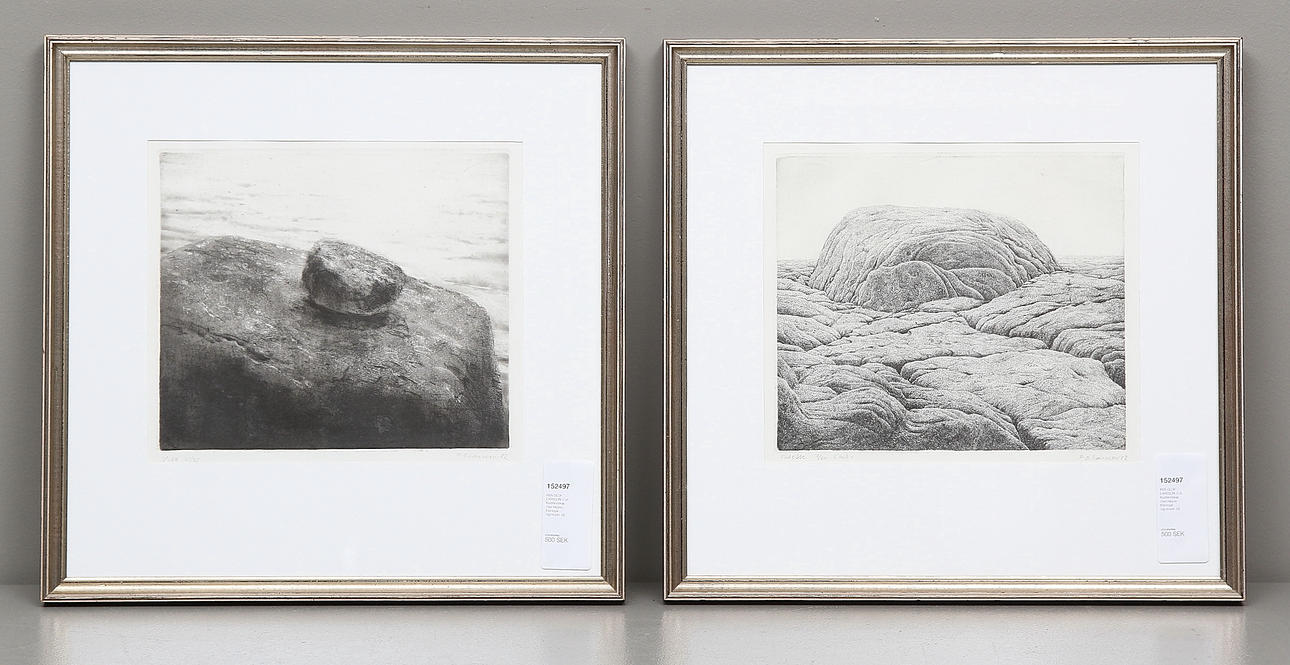 PER-OLOF LARSSON. 2 st. Kustlandskap med klippor. Etsningar. Signerade.