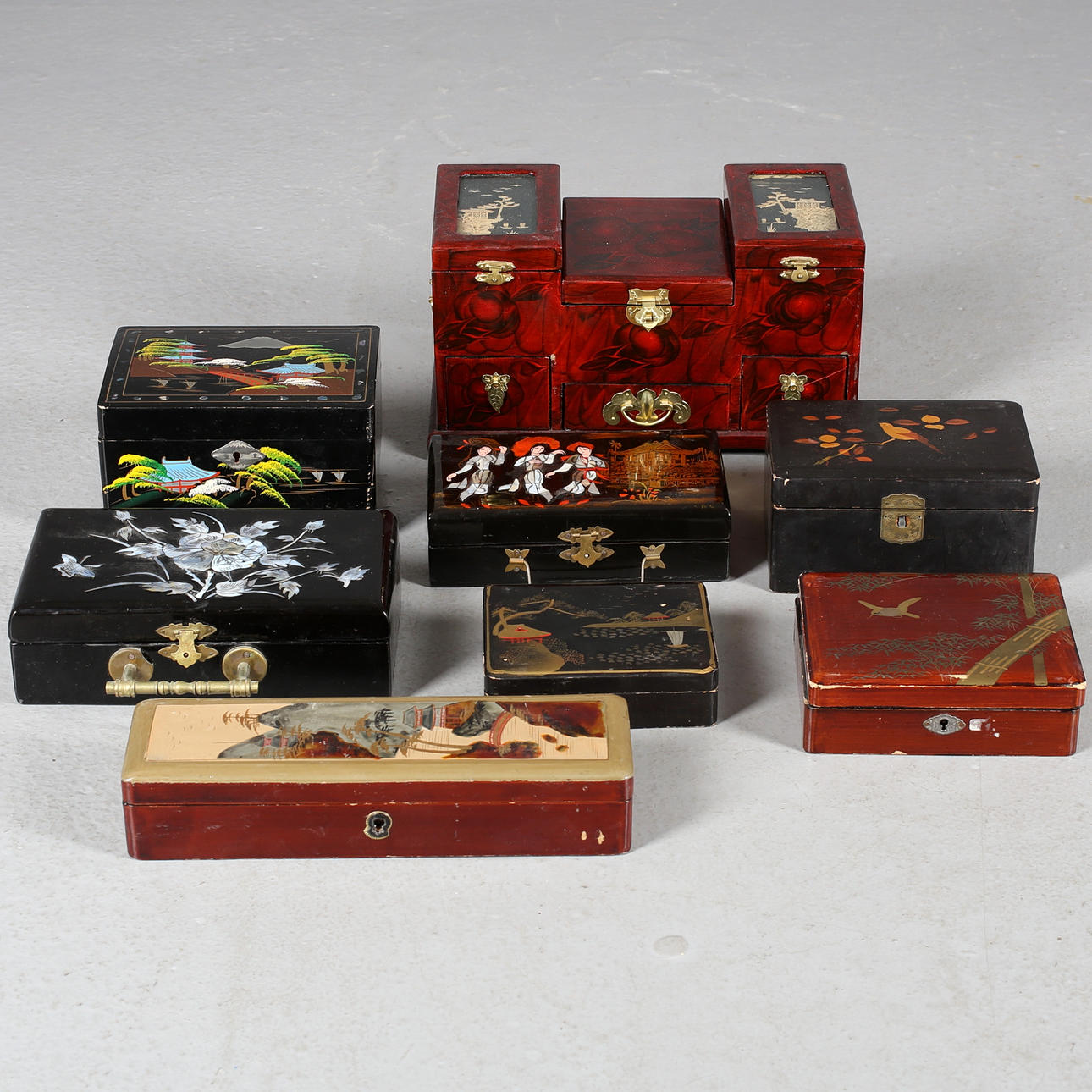 LACQUER CASES, 8 pcs., wood, oriental, 1900s.