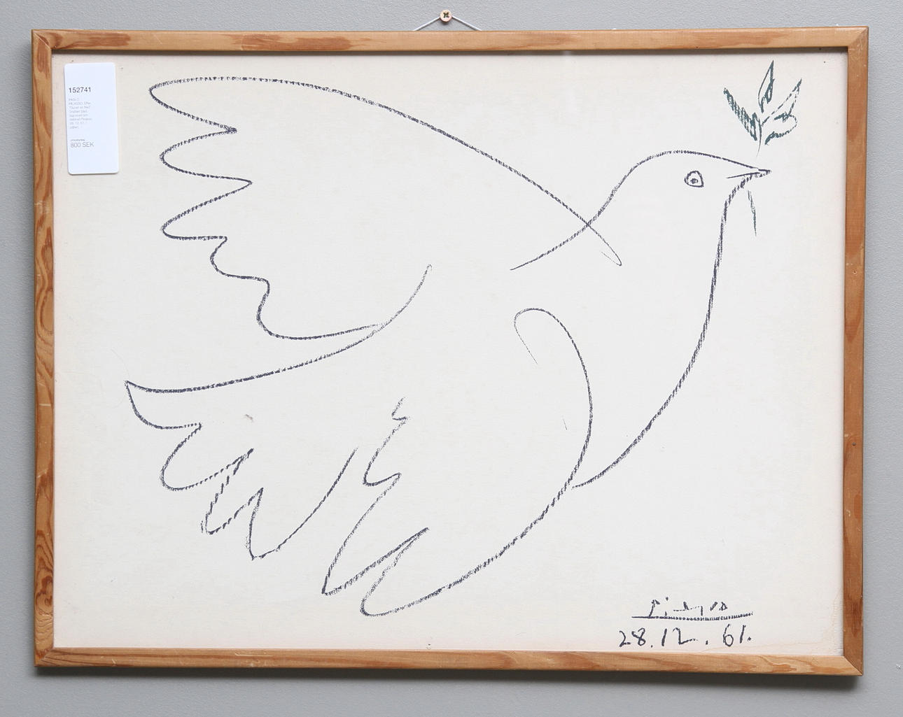 PABLO PICASSO. EFTER. "Duvan av fred". Grafiskt blad. Signerad och daterad Picasso 28. 12. 61. i plåten.