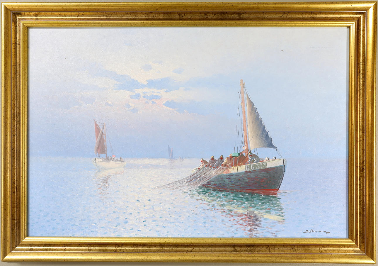 OSSIAN ANDERSSON. Havsmotiv med fiskare, olja på duk, signerad.