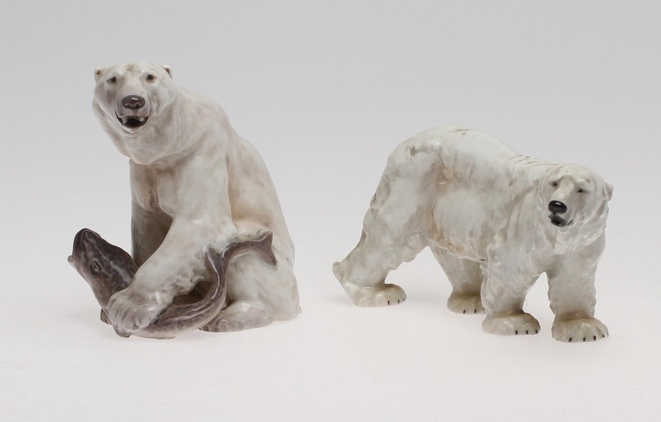 FIGURINER, 2 st, porslin, Isbjörnar, Dahl Jensen, Danmark samt Meissen. 1900-tal.
