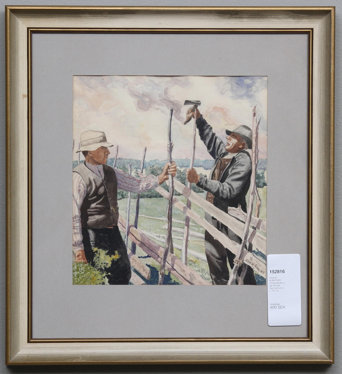 OKÄND KONSTNÄR. Gärdesgårdsbygge. Akvarell. Signerad acke j-n -43.