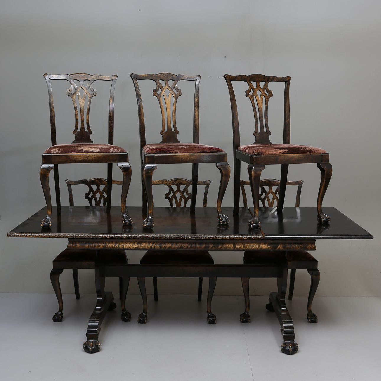 PÖYTÄ ja 6 TUOLIA, Chippendale, 1930-luku.